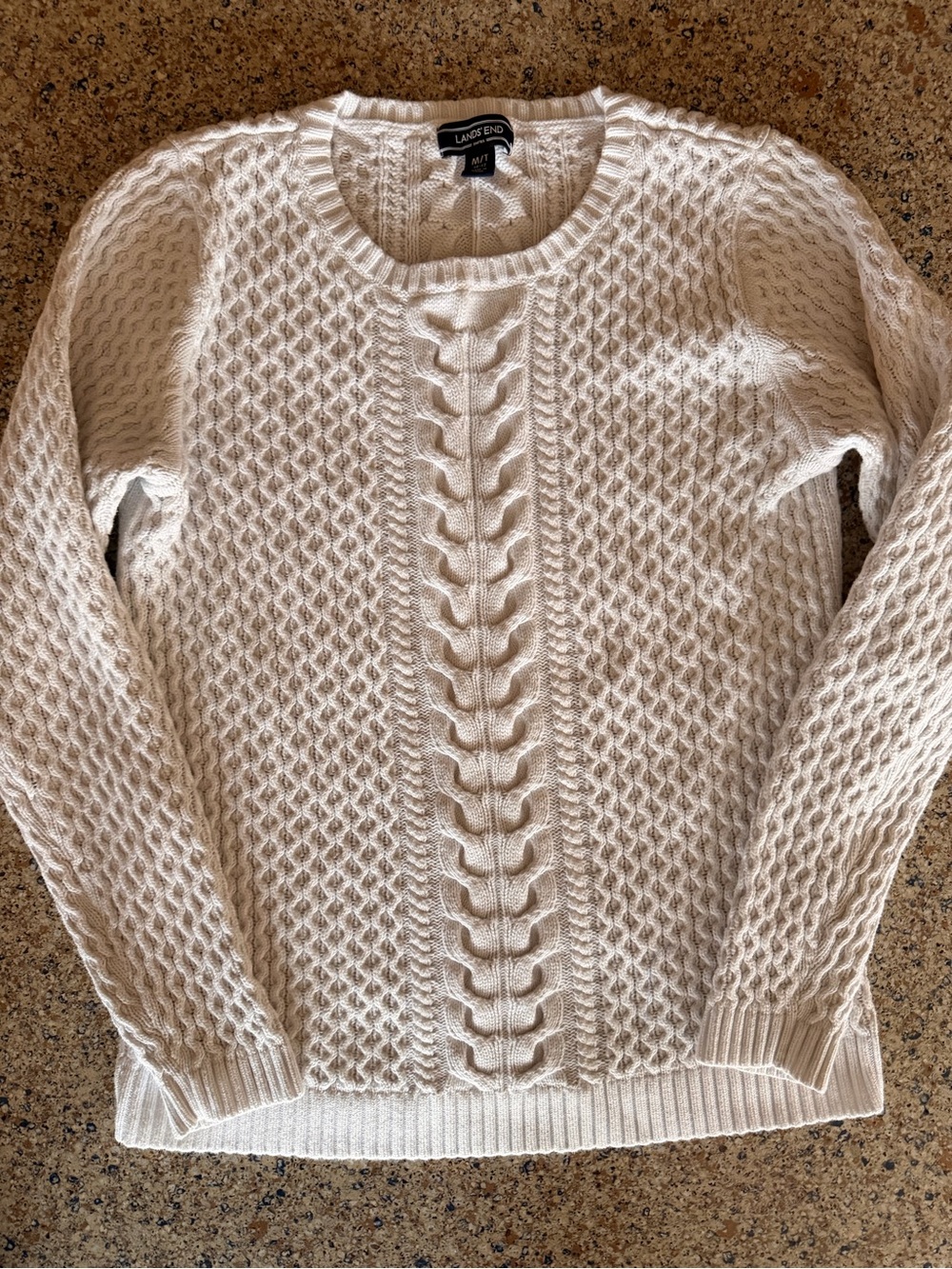 Lands' End Women's Cream Cable-Front Crewneck Sweater